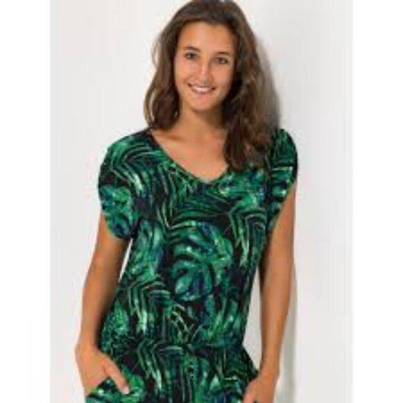 Green Leaf Print Brazil Knit Romper capri length - Picture 3 of 9